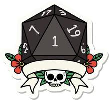 sticker of a natural one d20 dice roll vector