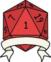 Retro Tattoo Style natural one d20 dice roll vector