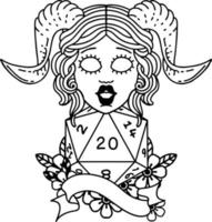 Black and White Tattoo linework Style tiefling with natural twenty dice roll vector