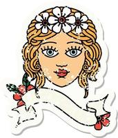 worn old sticker with banner of female face with crown of flowers vector