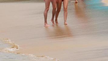 Couple walking barefoot on wet sand Nai Harn beach, Phuket video