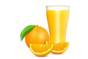 Glass of  orange juice and orange slices isolated on white background. photo