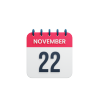 icono de calendario realista de noviembre fecha renderizada 3d 22 de noviembre png