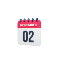 icono de calendario realista de noviembre fecha renderizada en 3d 02 de noviembre png