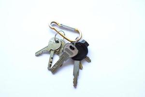 a collection of house keys tied with a carabiner photo