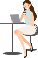 business woman checking her mobile phone with coffee cup png