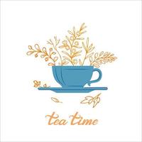 Sketchy Teacup With Autumn Leaves Inside and Tea Time Lettering vector