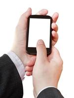 smartphone cut out screen in businessman hands photo