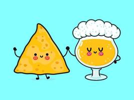 lindo, divertido y feliz vaso de cerveza y nachos. personajes kawaii de dibujos animados dibujados a mano vectorial, icono de ilustración. caricatura divertida vaso de cerveza y nachos mascota concepto de amigos vector