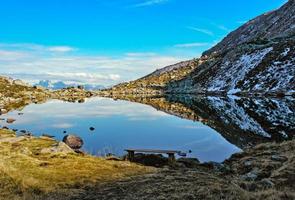 Small, calm mountain lake in late autumn photo