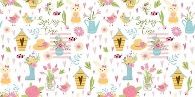 patrón floral de primavera, patrón floral sin costuras de pascua. lindo conejo conejito pájaro huevos primavera flores ramas. la primavera está aquí ilustración vectorial. diseño textil de impresión de papel tapiz de fondo de pascua de primavera. vector