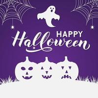 Happy Halloween calligraphy hand lettering with silhouette of pumpkin, spiders, ghosts and bats. Vector template in paper cut style for greeting card, banner, typography poster, party invitation, etc.