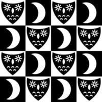 Monochrome night seamless pattern with owls and moon in retro swiss style. vector