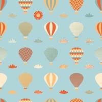 Retro seamless pattern with hot air balloons, clouds and sun. vector