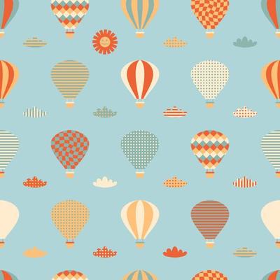 Retro seamless pattern with hot air balloons, clouds and sun.