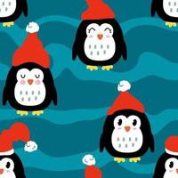 pingüinos de invierno en sombreros de patrones sin fisuras de fondo ondulado. vector