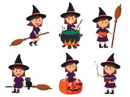 Set with cute witch characters. Vector illustration for Halloween.