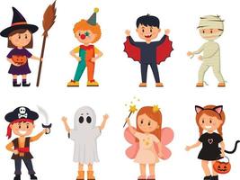 Set of children in costumes for Halloween. Collection of cartoon children in carnival costumes. Vector illustration of mystical outfits for Halloween.