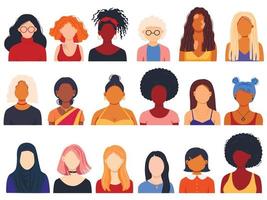 Female diverse faces, different ethnicity and hairstyle. Woman empowerment movement. Indian, african girls, muslim in hijab vector