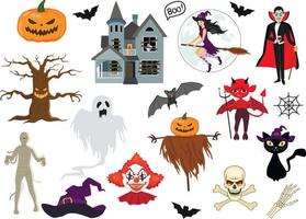Set vector illustration of quirky fun Halloween trick or treat design elements, such as bats, pumpkins, cats, and more. Perfect for invitations, children's design, and packaging.