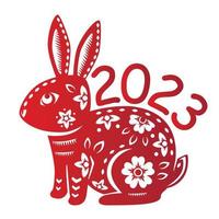 Happy Chinese new year 2023 Zodiac sign, year of the Rabbit, with red paper cut art on white color background vector