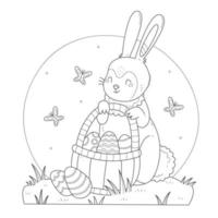 Easter bunny with a basket of Easter eggs kids coloring page. A happy bunny character holds a basket of eggs coloring book. Vector spring black and white Easter illustration.