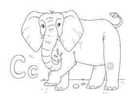 Elephant coloring book with russian large and small letters C. Children's coloring page alphabet. Vector linear illustration with an animal.