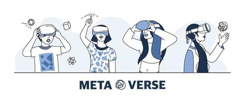 Teenagers Set in virtual reality glasses . The metaverse concept. Technologies of games in virtual reality. Vector illustration