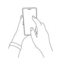 Hands holding smartphone and finger touches screen. Vector illustration in simple minimalist sketch hand drawn outline style isolated on white background.