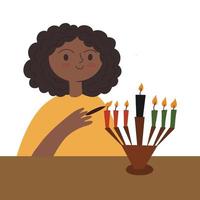 Cute African American girl burning candle for Kwanzaa celebration. Sweet cartoon character celebrating Kwanza festival - ethnic heritage holiday vector