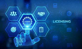 Licensing. License agreement concept. Copyright protection law license property rights. Business technology concept on virtual screen. Wireframe hand touching digital interface. Vector illustration.