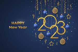 Happy New 2023 Year. Hanging Golden metallic numbers 2023 with shining 3D metallic stars, balls and confetti on blue background. New Year greeting card, banner template. Realistic Vector illustration.