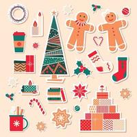 Vector set of festive drinks. Cozy mugs and sweets mulled wine, hot cocoa, milk, coffee, gingerbread. Childrens illustrations. Collection of sticky notes. Winter background.