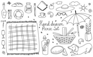 Vector summer illustrations and design element - a simple and doodle set of objects and monochrome symbols for a picnic.