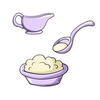 A set of colored icons, a purple ceramic plate with cottage cheese, a spoon with sour cream, a vector illustration in cartoon style on a white background