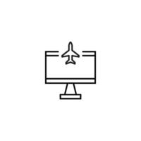 Monochrome sign drawn with black thin line. Perfect for internet resources, stores, books, shops, advertising. Vector icon of airplane inside of computer