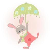 Cute rabbit with a green umbrella, rejoices in the spring and the sun, vector illustration