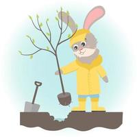 A cute cartoon bunny is planting trees in a yellow raincoat and rubber boots. Vector illustration in flat style