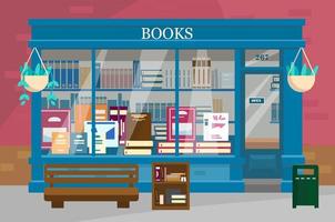 ilustración vectorial de la vitrina de la librería con muchos libros con banco y pequeña librería afuera. librería exterior de estilo plano. vector