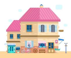 Vector illustration of cute European house with shuttered windows with flowers and different decoration elements.