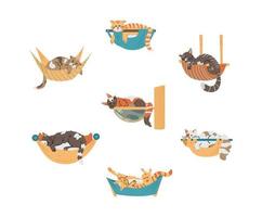 Vector set of different cute cats relaxing in hammocks. Isolated on white.