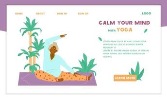 Yoga classes for the elderly website template. Old Afro american woman stretching on yoga mat. Active and healthy retirement. Flat vector design.