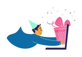 Young Man In Birthday Hat Takes Present Box Out Of Laptop. Distant Celebration Party Concept. Flat Vector Illustration.