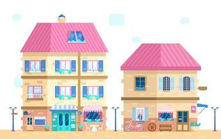 ilustración de vector de linda calle europea en estilo plano. casas con ventanas cerradas con flores y diferentes elementos de decoración.