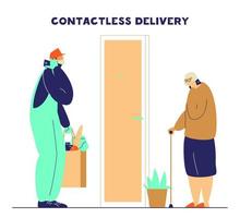 Courier in protective mask and gloves brings food to old lady. Contacless safe food delivery during coronavirus quarantine. Flat vector illustration.