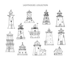 Lighthouses hand drawn ink sketch vector collection.