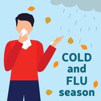 Cold and flu season man with napkin autumn leaves and rain. Vector illustration