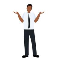 Businessman shrug. Oops, sorry, I don't know. African man. Vector illustration.