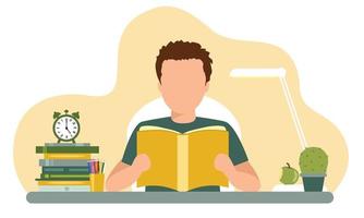 European boy reading book in the table. Studying. Back to school. Vector illustration.