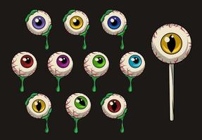 Halloween set of human eyes in vintage style. Single eyeballs with drops of green snot, slime, eye on stick like lollypop. Round human eye pupil, cat eye pupil. Illustration for Halloween vector